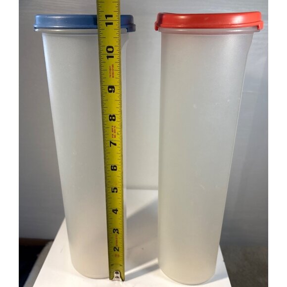Tupperware Spaghetti Keeper Set of 2 Tall Clear Canisters Red & Blue Lids 11" - Picture 3 of 8